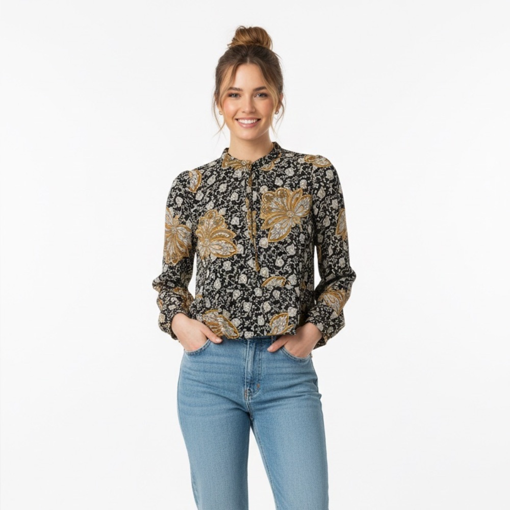 A.L.C. 100% Silk Floral Peplum Blouse Boho Autumn Palette Long Sleeve Size 2